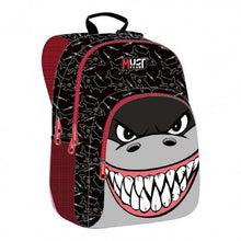 Red-trimmed black backpack with cartoon shark face front pocket and top handle