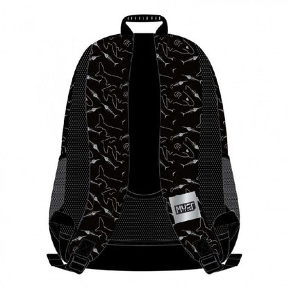 Black shark-pattern backpack with padded back panel and adjustable shoulder straps