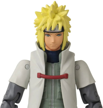Namikaze Minato anime figure close-up, spiky blond hair, white coat, red headband, blue eyes