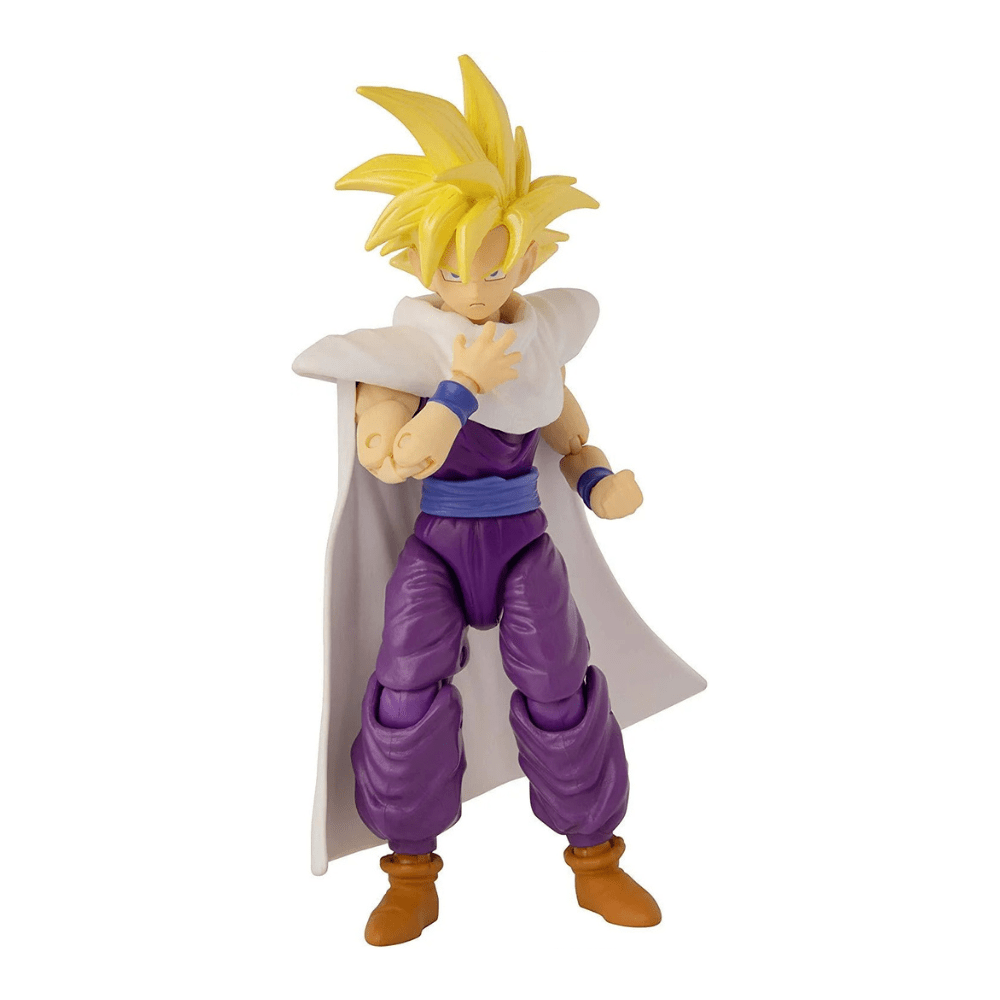 Super Saiyan Gohan action figure with blond spiky hair, white cape, purple outfit, blue wristbands