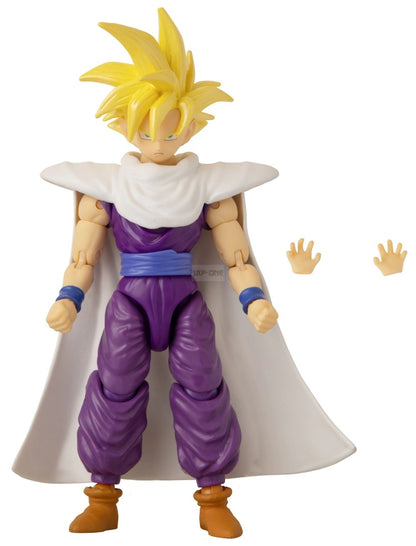 Super Saiyan Gohan action figure with blond hair, raised hands, white cape, purple suit, tan boots