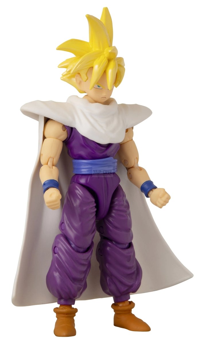 Super Saiyan Gohan action figure standing with arms bent, white cape, purple suit and tan boots
