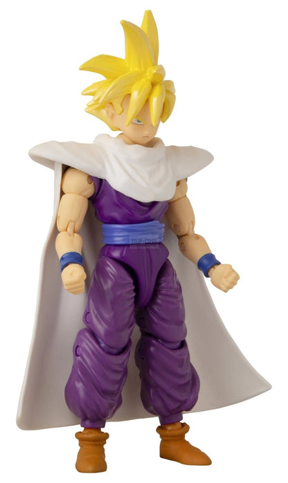 Super Saiyan Gohan action figure standing with arms bent, white cape, purple suit and tan boots