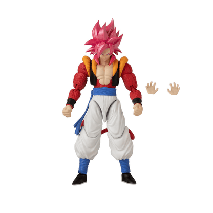 Posed action figure with red spiky hair, red shoulder armor, blue sash, white pants