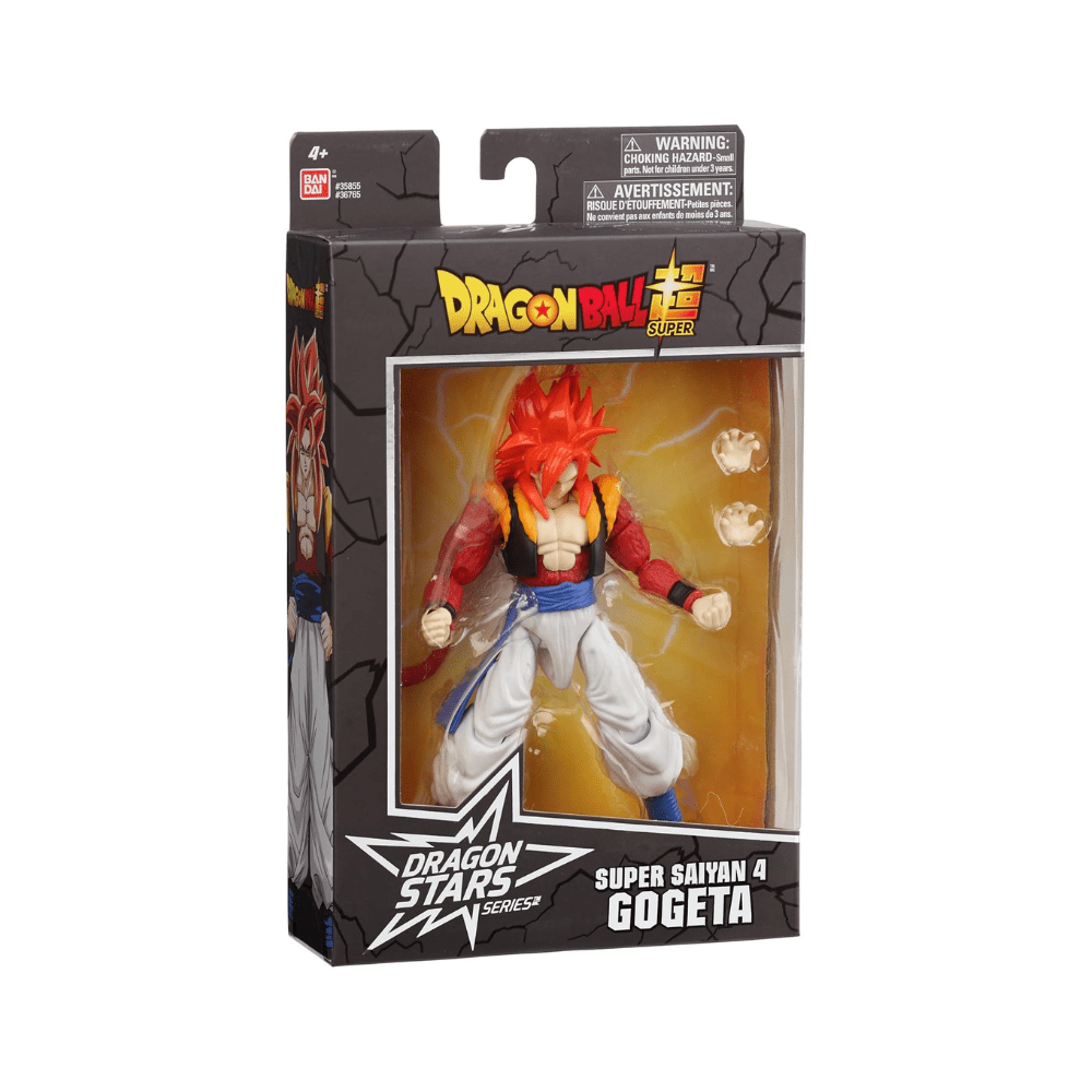 Boxed action figure with red spiky hair, black vest, white pants, blue sash