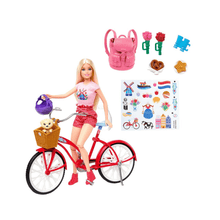 Red bicycle with doll seat, Barbie doll in pink top and striped skirt, accessories