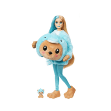 Blue teddy bear doll with hoodie-style plush head and tan paw-like shoes