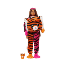 Tiger-Kostüm-Puppe mit langen braunen Haaren, rosa Schleifen und orange-schwarzem Muster