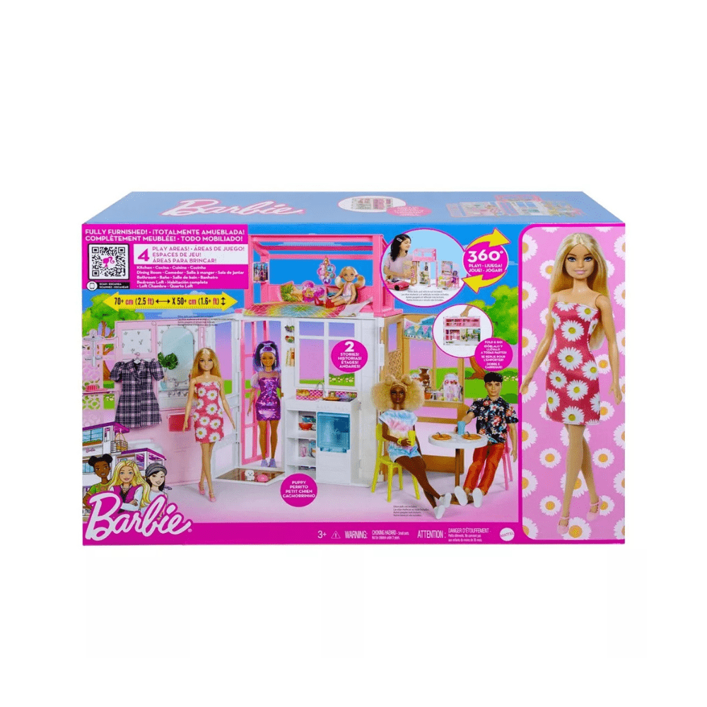 Barbie dollhouse box featuring 360° view, three-level play home with dolls and puppy