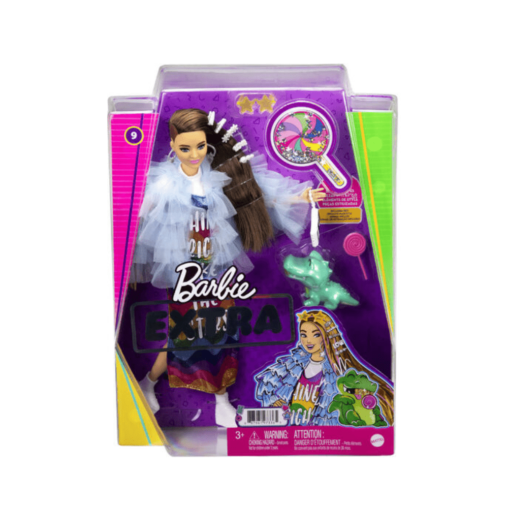 Barbie “Extra” doll in package: blue tulle outfit, rainbow skirt, green crocodile toy