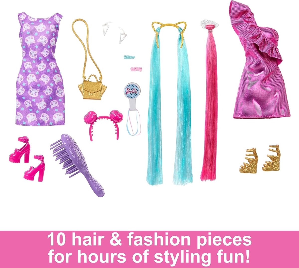 Accessoires-Set: lila Kleid, Tasche, Haarbänder, Bürste, Haarsträhnen, Schuhe und Schmuck