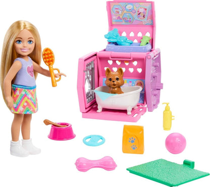 Club Chelsea & Pet Playset pink with doll, pet in tub, and included accessories