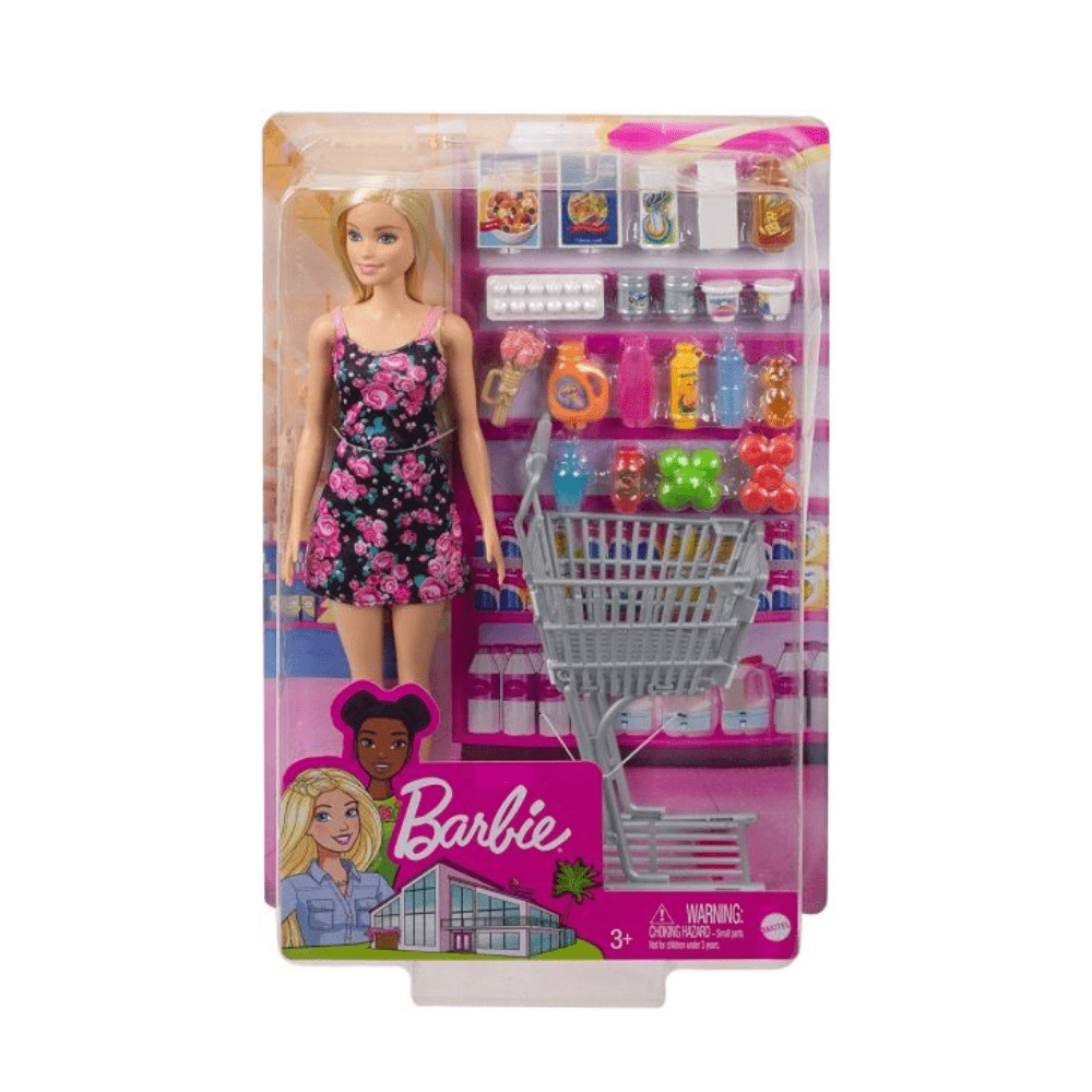 Barbie doll in pink floral dress with shopping cart—doll & accessory set