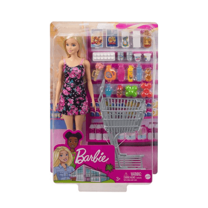 Barbie doll in pink floral dress with shopping cart—doll & accessory set