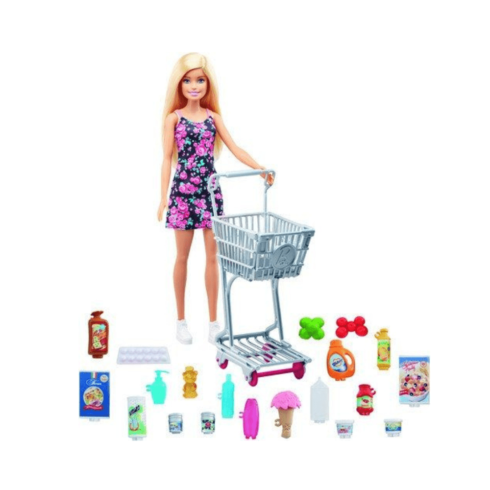 Barbie doll with shopping cart holding handle; mini accessories and bottles