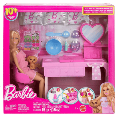 Doll with spa accessories set in pink storage case, includes facial mask and mini spa tools