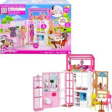 Barbie dollhouse box, furnished 3-level doll home with dolls and puppy figure