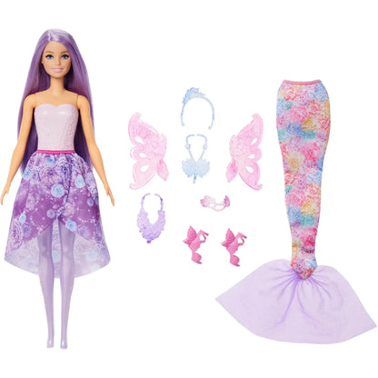 Dreamtopia fashion doll wearing a purple strapless bodice and floral tulle skirt