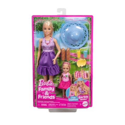 Barbie Family & Friends playset with dolls and accessories in purple and pink outfits