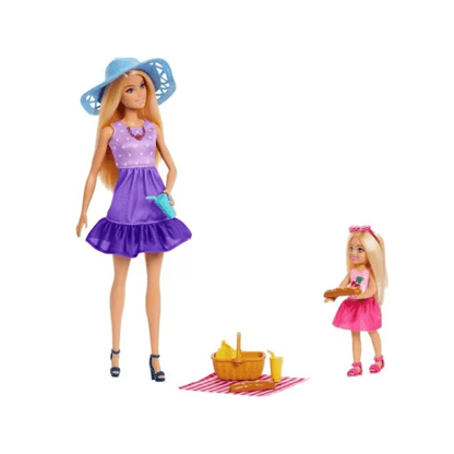 Two dolls with purple dresses, blue hat, and picnic accessories (basket, blanket)