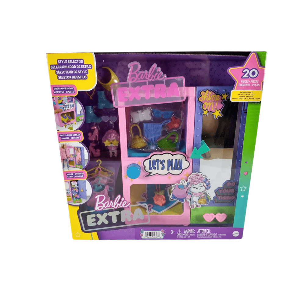 Barbie Extra Playset Verpackung mit Stilwahler und „Let’s Play“