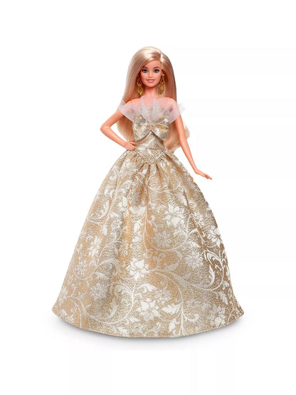 2025 Holiday Blonde Fashion Doll with long blonde hair wearing gold patterned ball gown