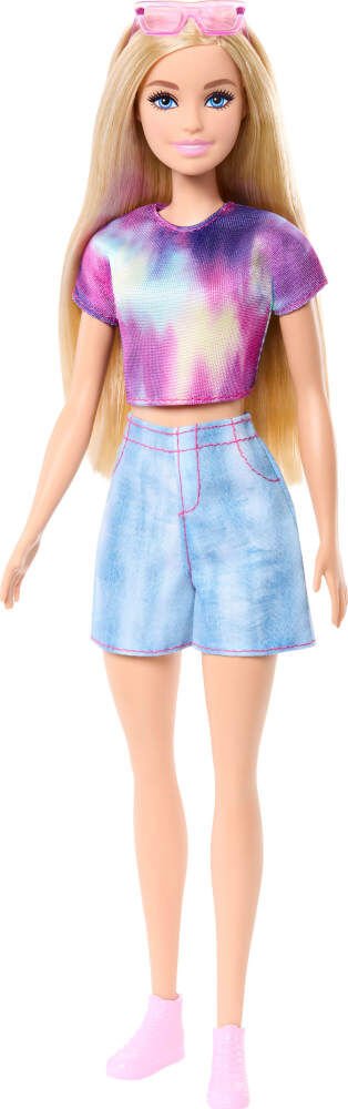 Malibu Fashion Doll with purple tie-dye crop top, light denim shorts and pink shoes