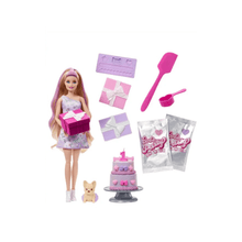 Blonde fashion doll with cake accessories, scissors-shaped tool, pet figure, surprise gifts