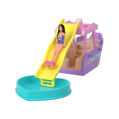 Mini Land toy vehicle with yellow slide, purple base, and doll figure