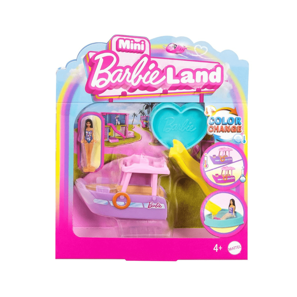 Mini Land & toy vehicle set package with Barbie logo and doll play accessory