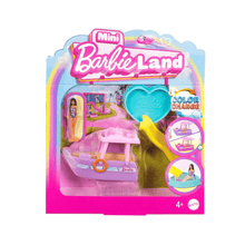 Mini Land & toy vehicle set package with Barbie logo and doll play accessory