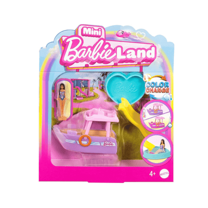 Mini Land & toy vehicle set package with Barbie logo and doll play accessory