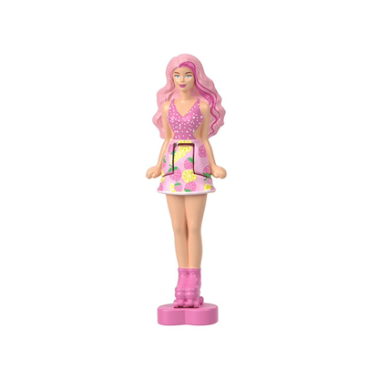 Pink Lemonade mini doll on stand, purple dress with fruit-pattern skirt