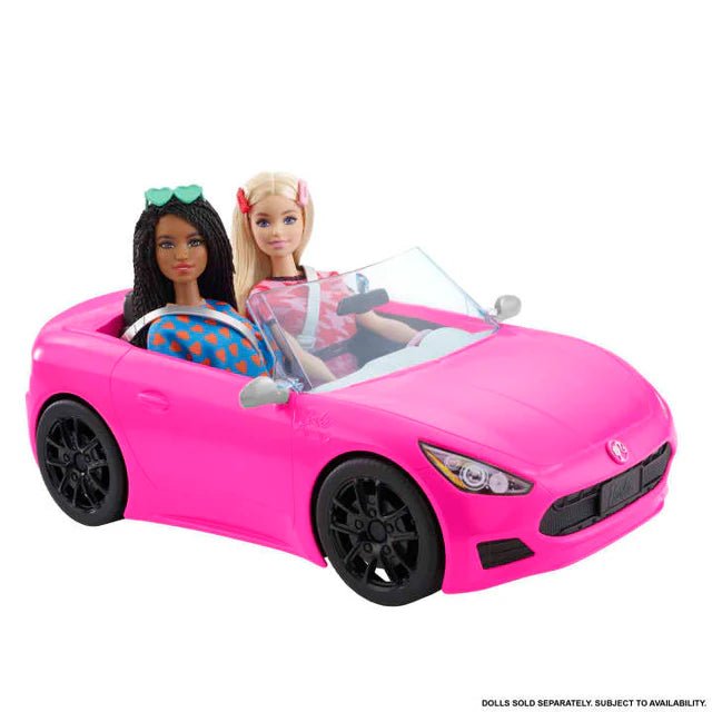 Pink convertible toy car with two seated figures; black wheels and silver side mirrors