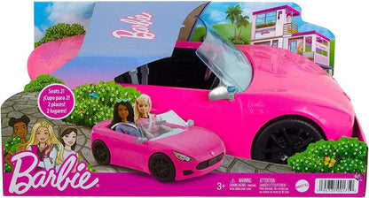 Barbie Pink convertible toy car on retail box; includes two seated figures
