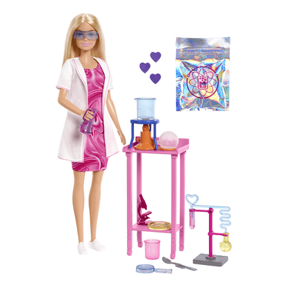 Scientist doll with pink lab table, goggles, funnel tools, and lab accessories