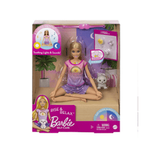 Barbie Self Care Rise and Relax doll in purple pajama dress, seated cross‑legged