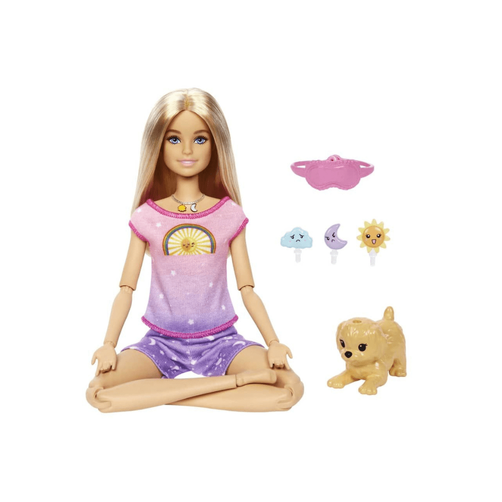 Self Care Rise and Relax doll seated cross‑legged in purple top and shorts, with accessories
