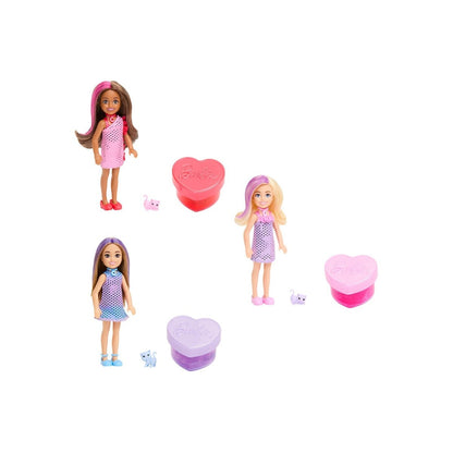Chelsea Mystery Pack with 3 mini dolls, pink heart container, blue and pink outfits