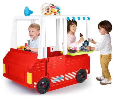 Red kids food truck play toy with open window, wheels, and FoodTruck signage
