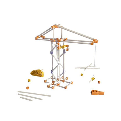 Wooden building kit parts and rods laid out for assembly, orange and purple pieces