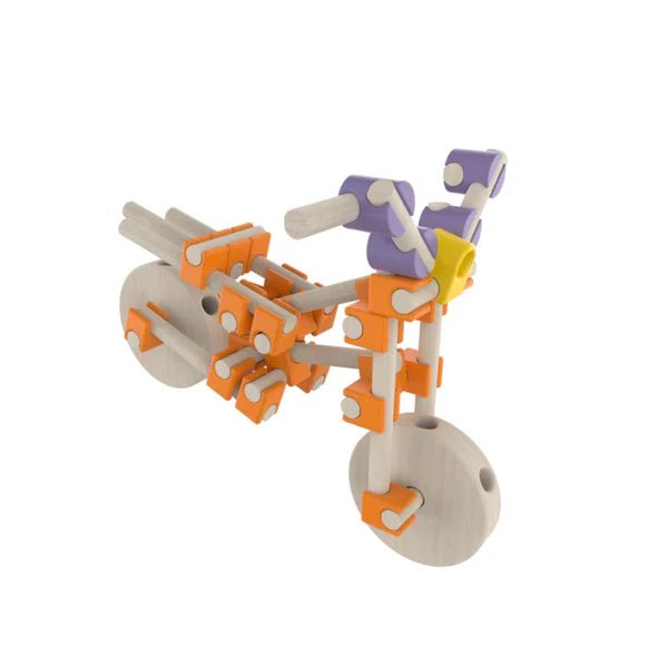 Assembled wooden vehicle with purple blocks and orange wheels, build kit model