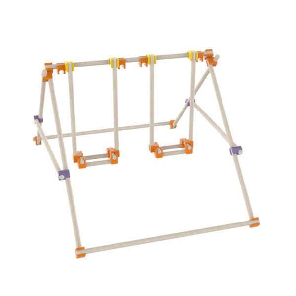 Wooden frame structure with orange and purple connectors, shown assembled