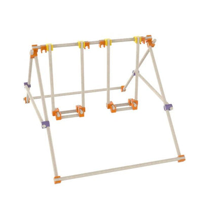 Wooden frame structure with orange and purple connectors, shown assembled