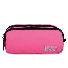 Monochrome pink barrel pencil case with mint logo, zip closure, 2 compartments