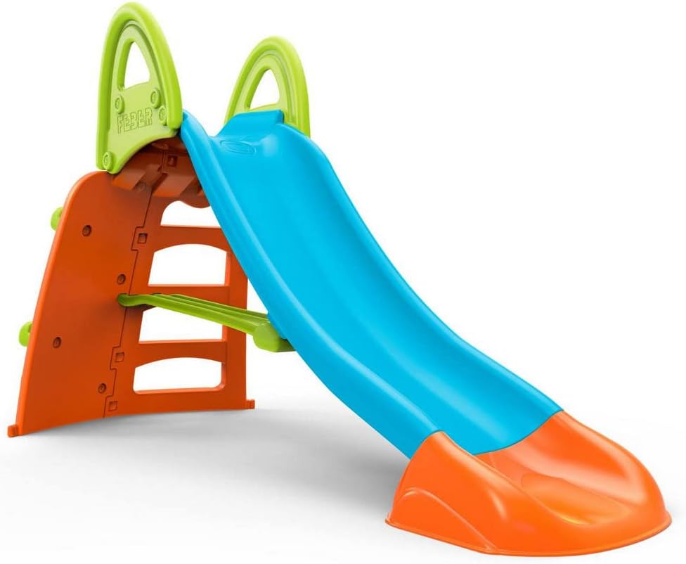 Plastic slide toy with lime ladder and orange steps, blue slide chute