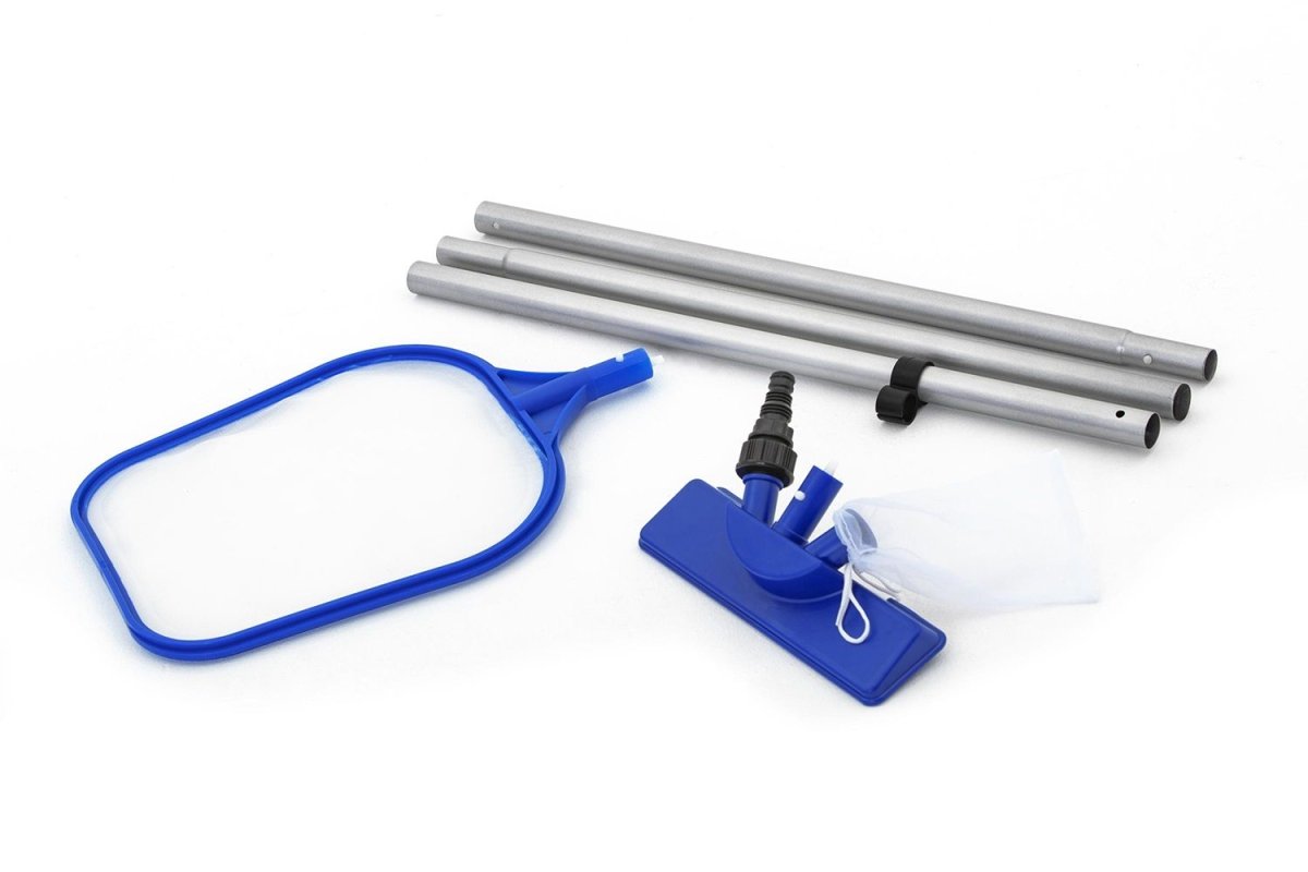 Blue pool skimmer net, extension poles, valve adapter, and filter pad assembly