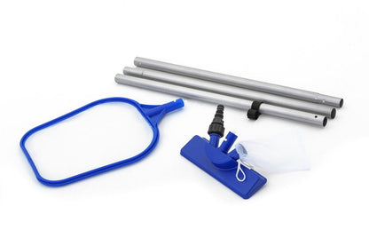Blue pool skimmer net, extension poles, valve adapter, and filter pad assembly