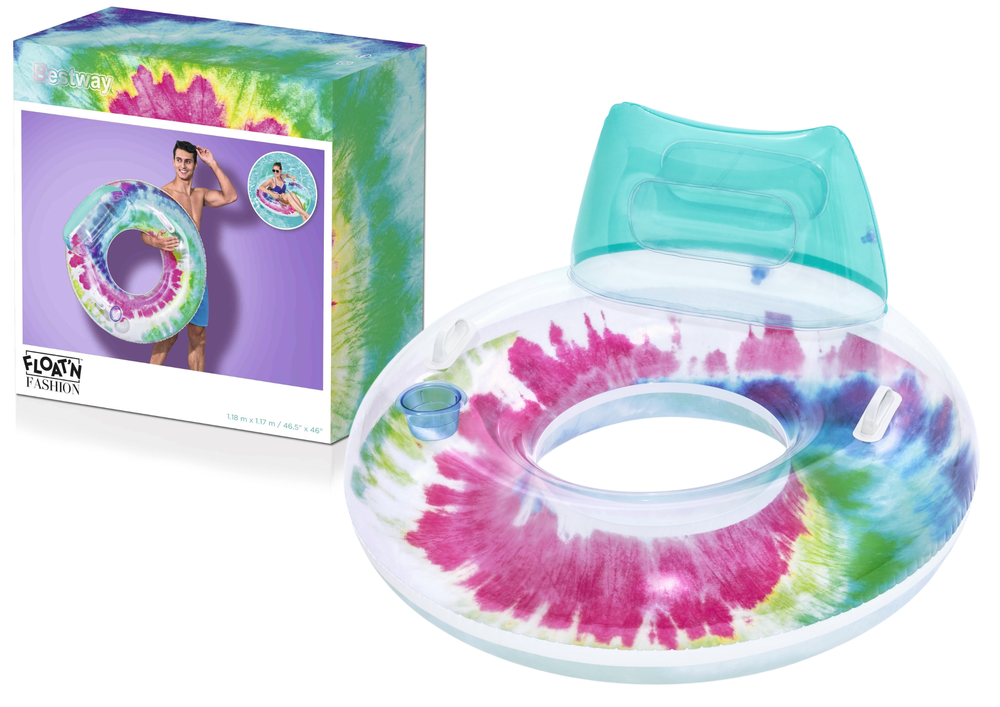 Inflatable swimming ring with tie-dye swirl pattern in pink, green, and blue