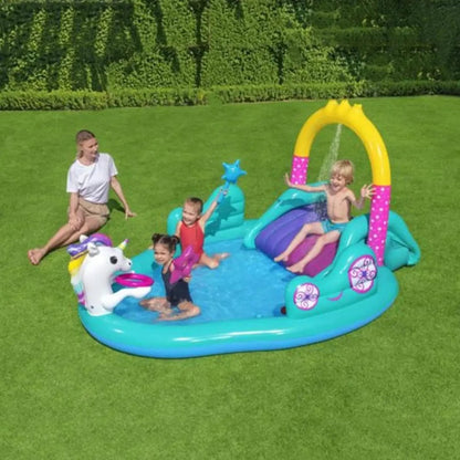Inflatable unicorn play pool with yellow arch, purple slide and teal side panels